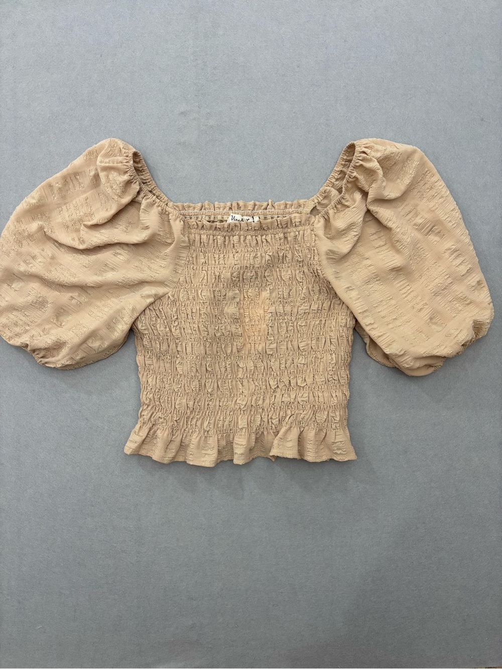 Vine & Love Beige Smocked Puff-Sleeve Top